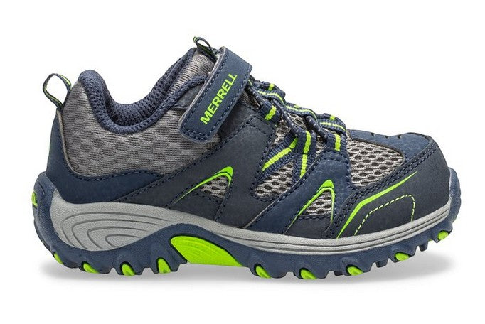 Allen's Bootery Merrell Trail Chaser Jr kids hiking shoe in navy and green with mesh upper and velcro strap.