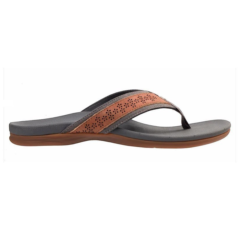 Allen's Bootery Miramar sandal in grey and tan with laser-etched full-grain leather strap and orthotic footbed.