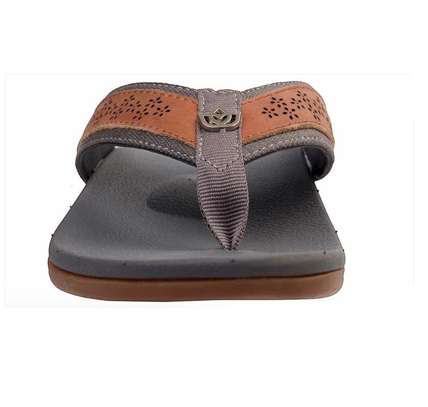Allen's Bootery Miramar sandal featuring a grey and tan leather strap with laser-etched floral details and logo emblem.