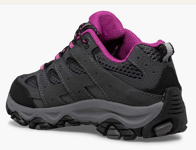 Allen's Bootery Big Kid's Moab 3 low-top hiking shoe in granite grey and berry purple with leather and mesh upper.