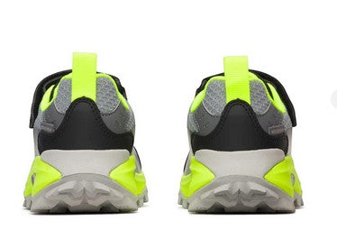 Allen's Bootery kids waterproof hiking sneakers in grey, black, and neon yellow with a rugged rubber outsole.
