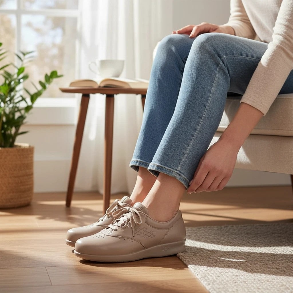 Allen's Bootery mocha SAS Free Time walking shoe on a woman wearing jeans, featuring a comfortable lace-up design.