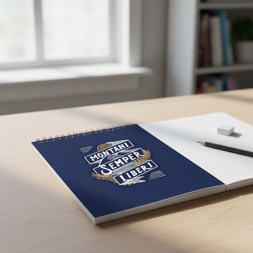 Allen's Bootery Montani Semper Liberi sticker with mountain and wheat design on a notebook