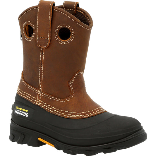 Allen's Bootery Georgia Boot Muddog little kid's brown leather and black rubber pull-on waterproof mud boots