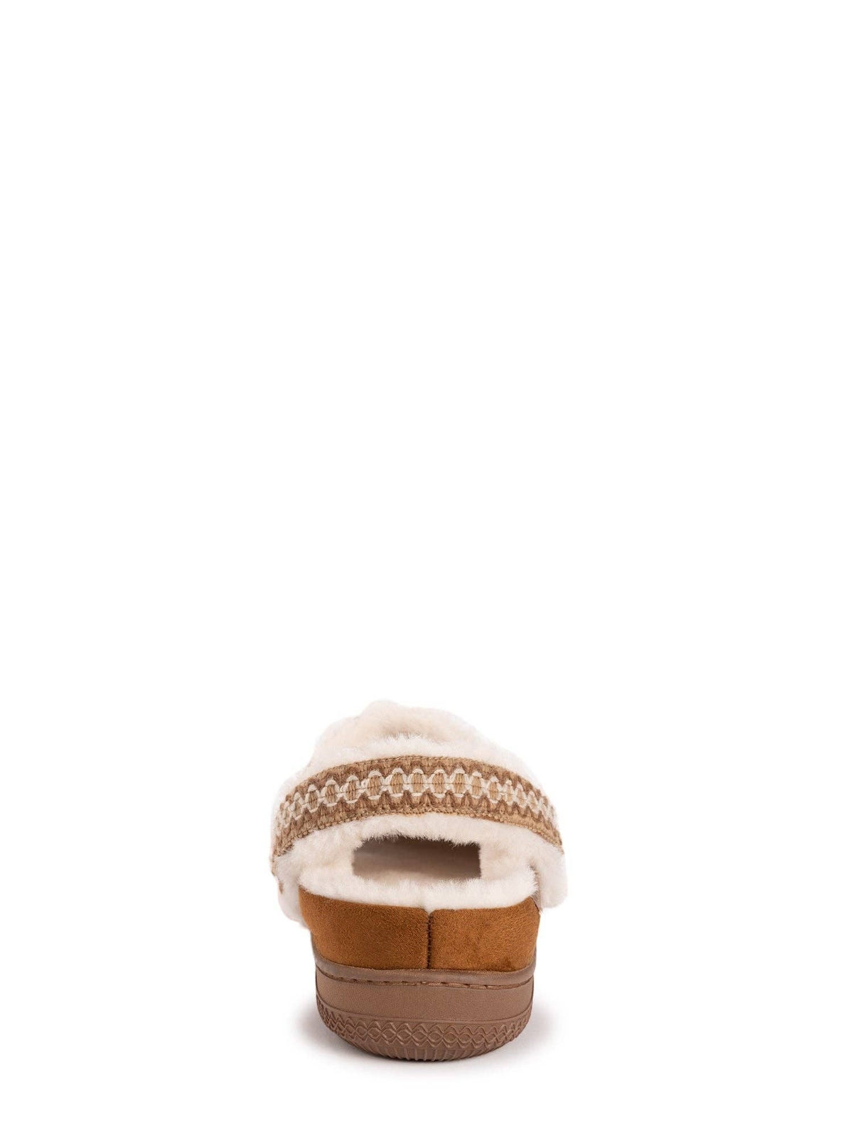 Allen's Bootery MUK LUKS chestnut clog slipper with a convertible heel strap and plush white faux fur lining