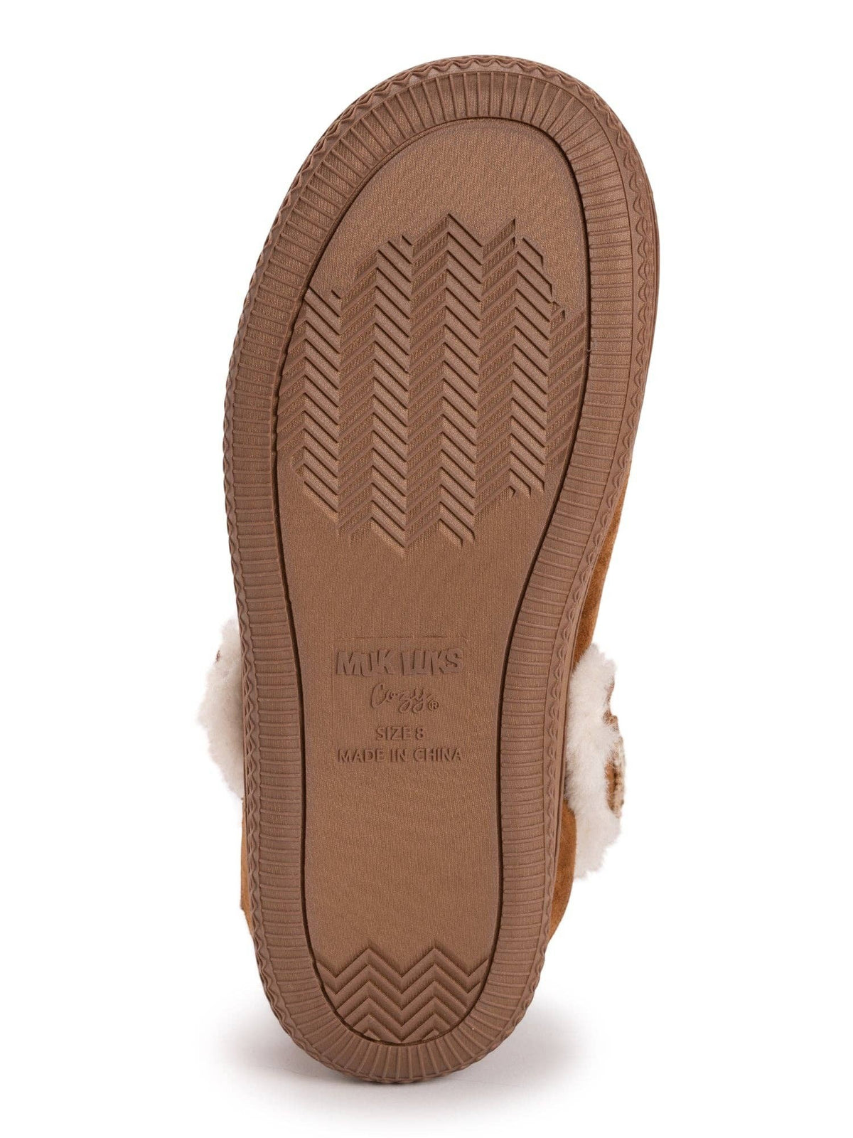 Allen's Bootery MUK LUKS women's chestnut clog slipper showing the durable, slip-resistant textured rubber outsole.