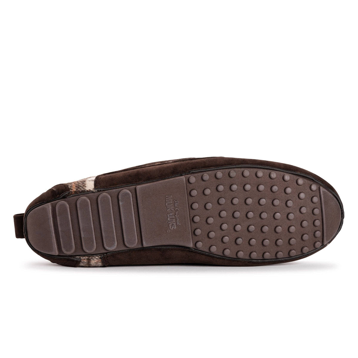 Allen's Bootery Muk Luks Emmett men's moccasin slipper showing the brown textured indoor-outdoor TPR rubber sole