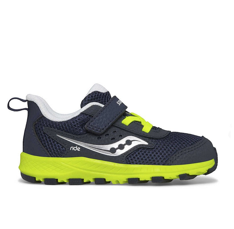 Allen's Bootery navy and citron Ride Jr. toddler sneaker with mesh upper, hook and loop strap, and grippy outsole.