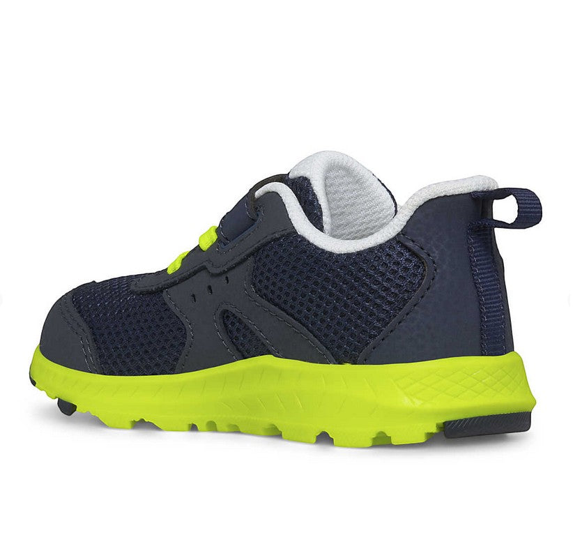 Allen's Bootery navy and citron toddler sneaker with mesh upper, hook and loop closure, and flexible grip outsole.
