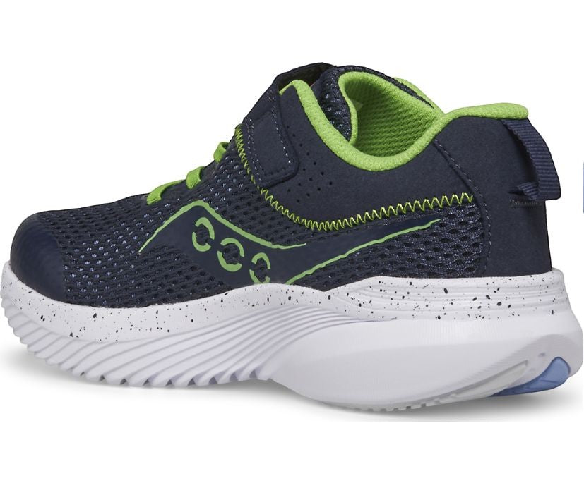 Allen's Bootery navy and green Kinvara 14 kids running shoe with breathable mesh upper and white speckled EVA midsole.