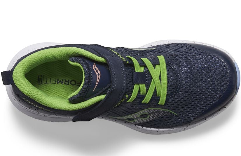 Allen's Bootery Kinvara 14 navy and green kids' running shoe with mesh upper, hook and loop closure, and memory foam.