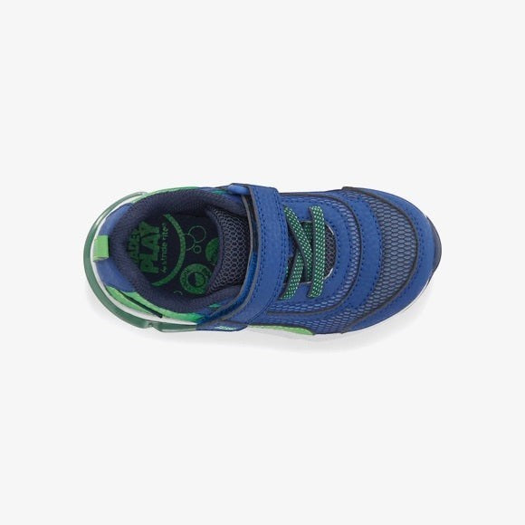 Allen's Bootery Made2Play Surge Bounce navy and green light-up sneaker with hook and loop closure, top view.