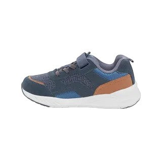 Allen's Bootery Stride Rite Made2Play Brighton navy and orange sneakers with hook and loop closure and white sole.
