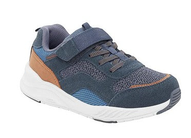 Allen's Bootery Stride Rite Made2Play Brighton navy and orange sneakers with hook and loop closure and white soles.