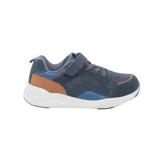 Allen's Bootery Stride Rite Made2Play Brighton navy and orange sneakers with hook and loop closure and white sole.