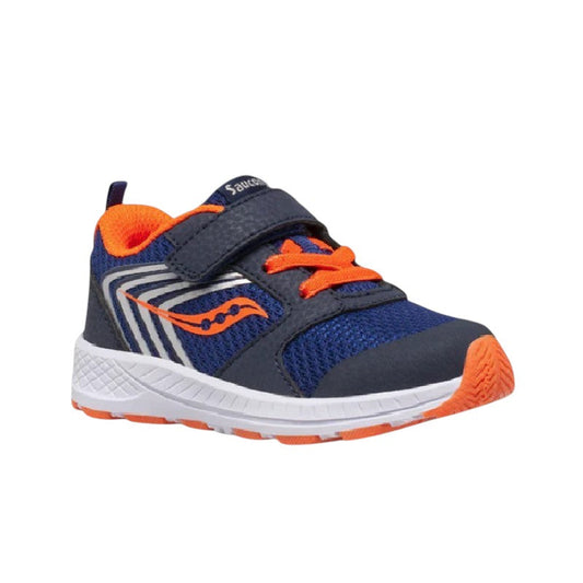 Allen's Bootery navy and orange toddler sneaker with leather and mesh upper, hook-and-loop strap, and rubber outsole.