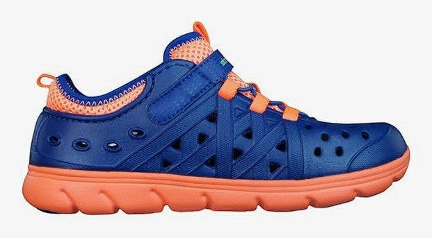 Allen's Bootery navy and orange Stride Rite Phibian water shoe with perforated EVA upper and hook and loop closure