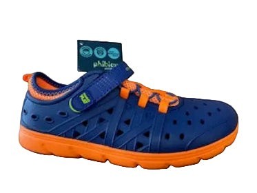 Allen's Bootery Stride Rite Made2Play Phibian navy and orange water shoes with perforated EVA upper and hook-loop strap.