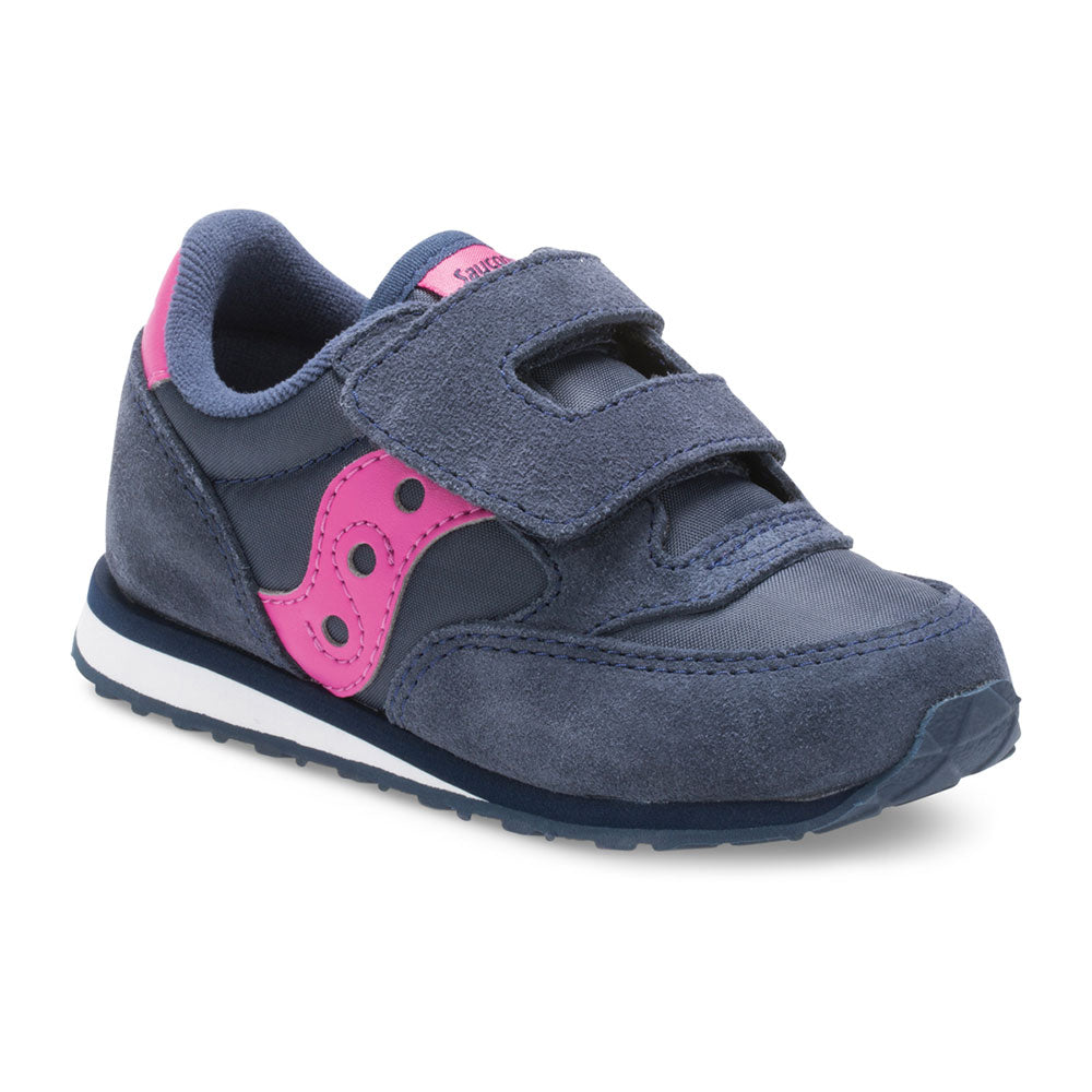 Allen's Bootery infant Saucony Jazz sneaker in navy leather and mesh with pink accents and hook-and-loop closure.