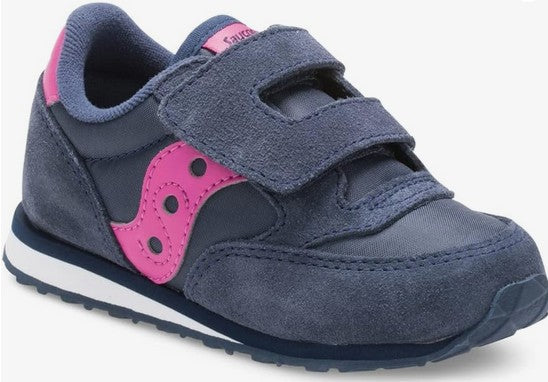 Allen's Bootery navy and pink toddler sneaker with leather and mesh upper, velcro straps, and white EVA midsole.