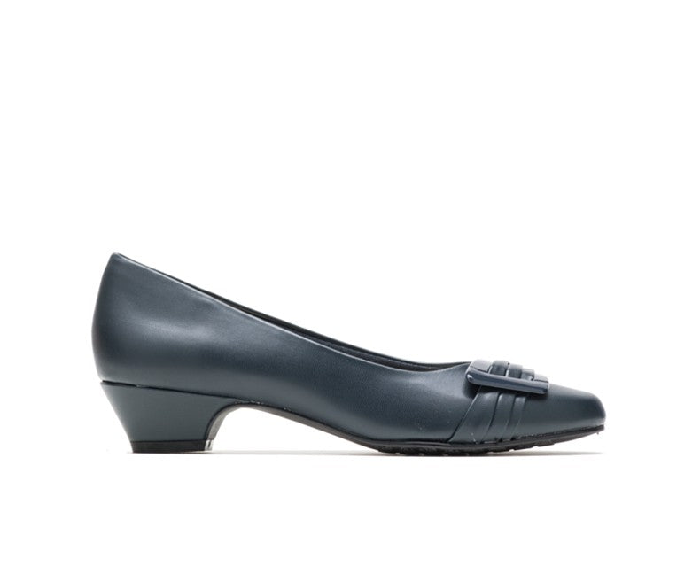 Allen's Bootery navy blue closed-toe pump with a pleated toe detail, buckle accent, and comfortable low heel.