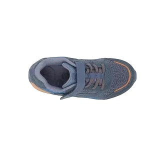 Allen's Bootery Stride Rite M2P Brighton navy and orange sneakers with hook and loop closure, top view.