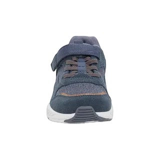 Allen's Bootery Stride Rite Made2Play Brighton navy sneakers with hook and loop closure and orange accents
