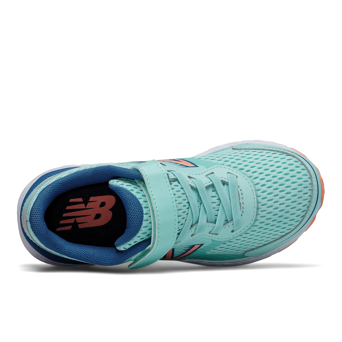 Allen's Bootery New Balance 680 kids running shoe in Bali blue and ginger pink with mesh upper and velcro strap.