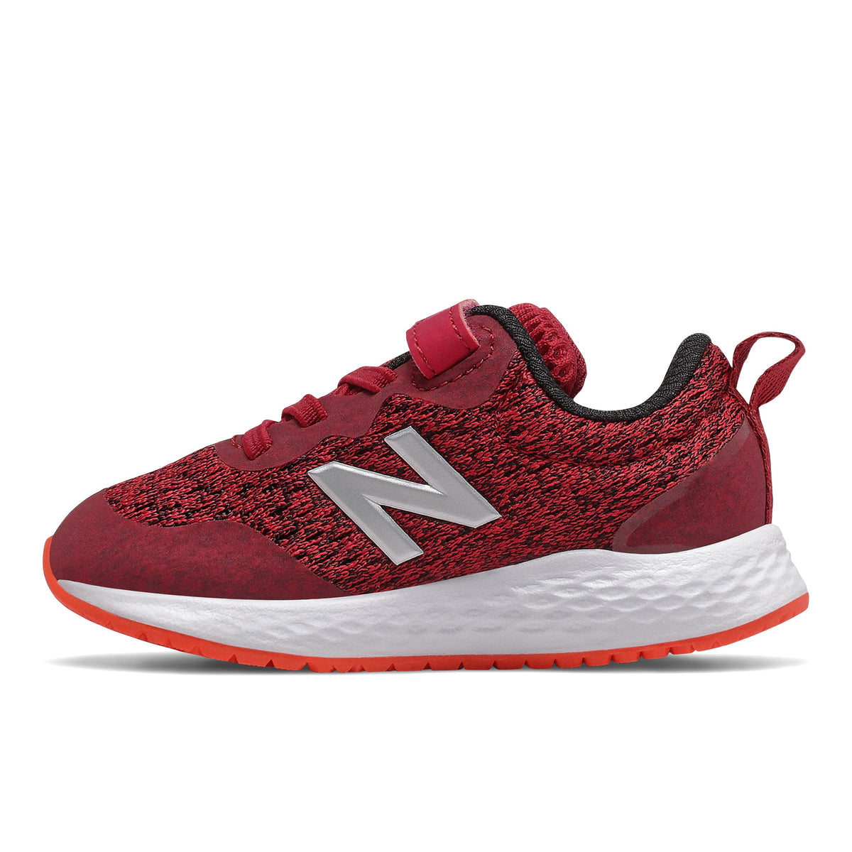 Allen's Bootery infant New Balance Fresh Foam sneaker in neo crimson and neo flame with engineered mesh and N logo