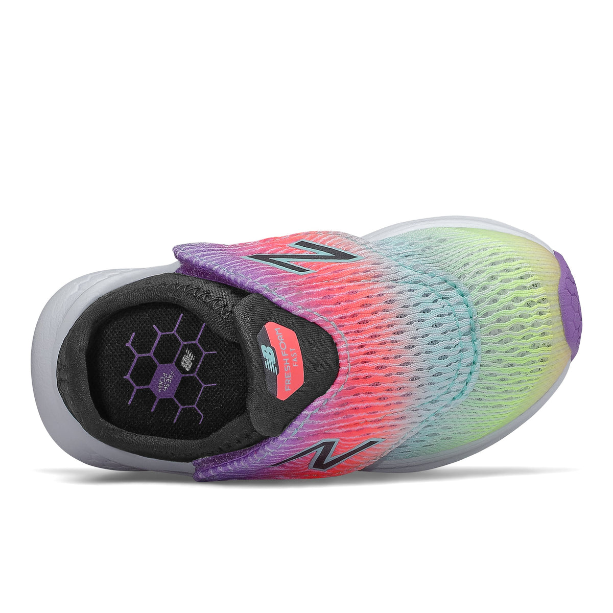 Allen's Bootery New Balance Fresh Foam toddler running shoe in neo violet multi-color mesh with velcro strap