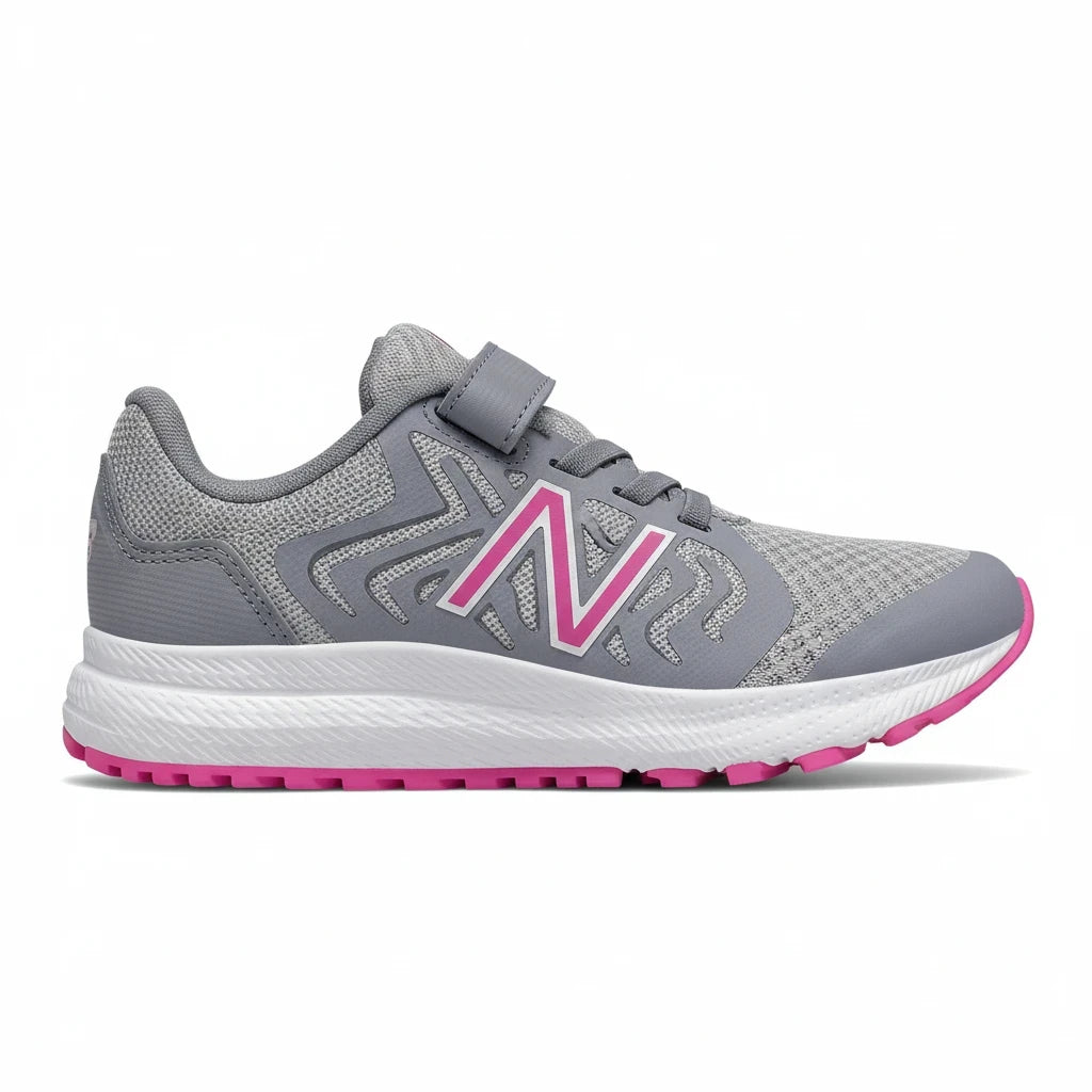 Allen's Bootery New Balance 519 V2 kids' running shoe in grey mesh with pink accents and hook-and-loop closure