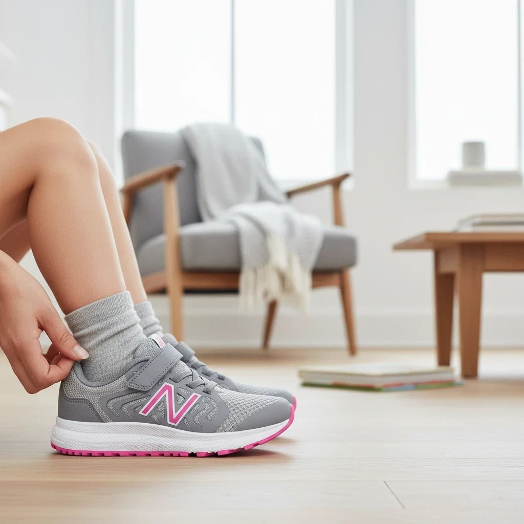 Allen's Bootery New Balance 519 V2 kids' running shoes in grey and pink mesh with a hook-and-loop strap closure.