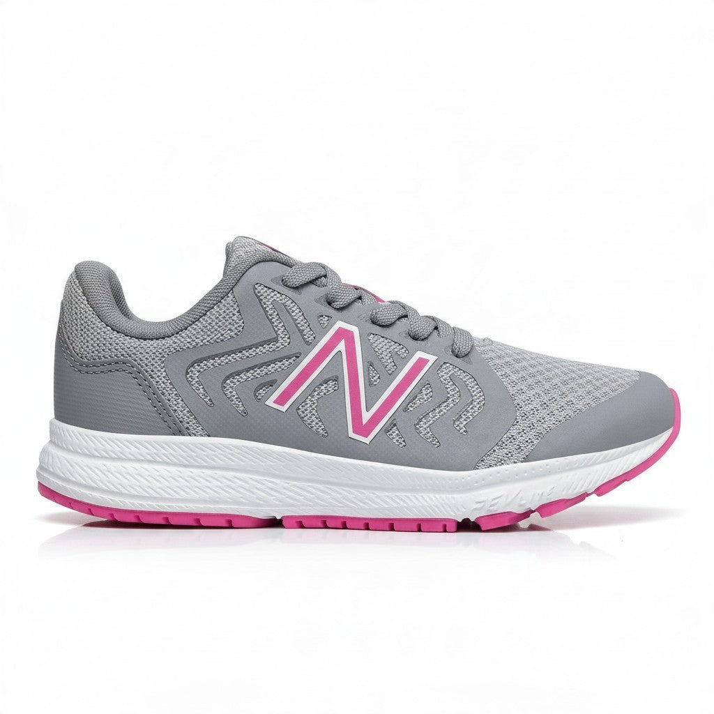 Allen's Bootery New Balance 519 V2 kids' running shoes in grey and pink with mesh upper and REVlite midsole