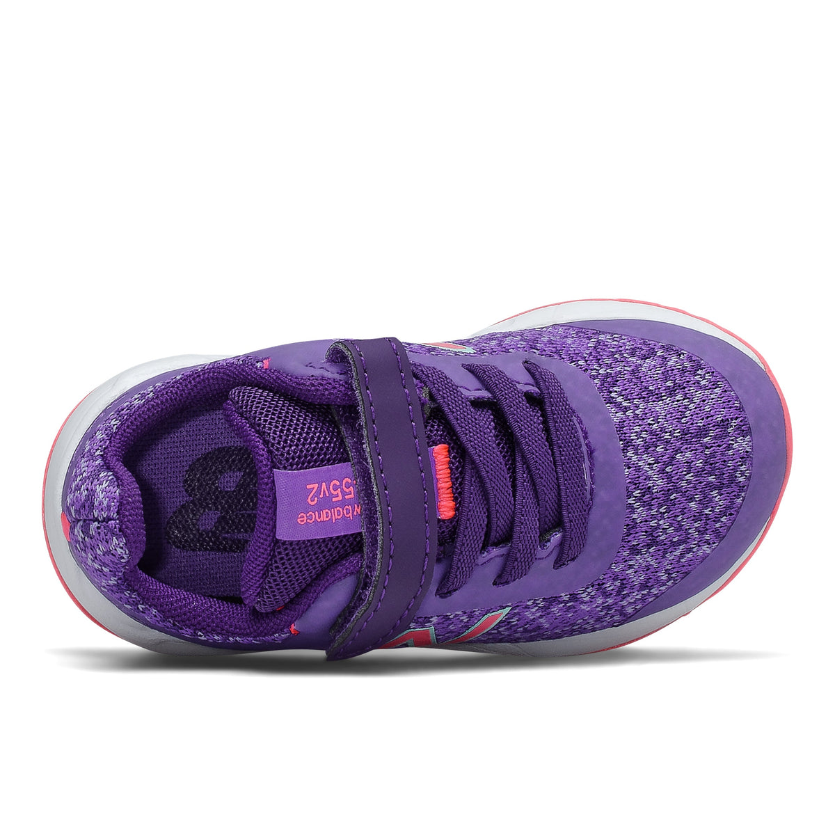 Allen's Bootery New Balance 455 V2 toddler running shoe in mirage violet and guava with bungee lacing and mesh upper