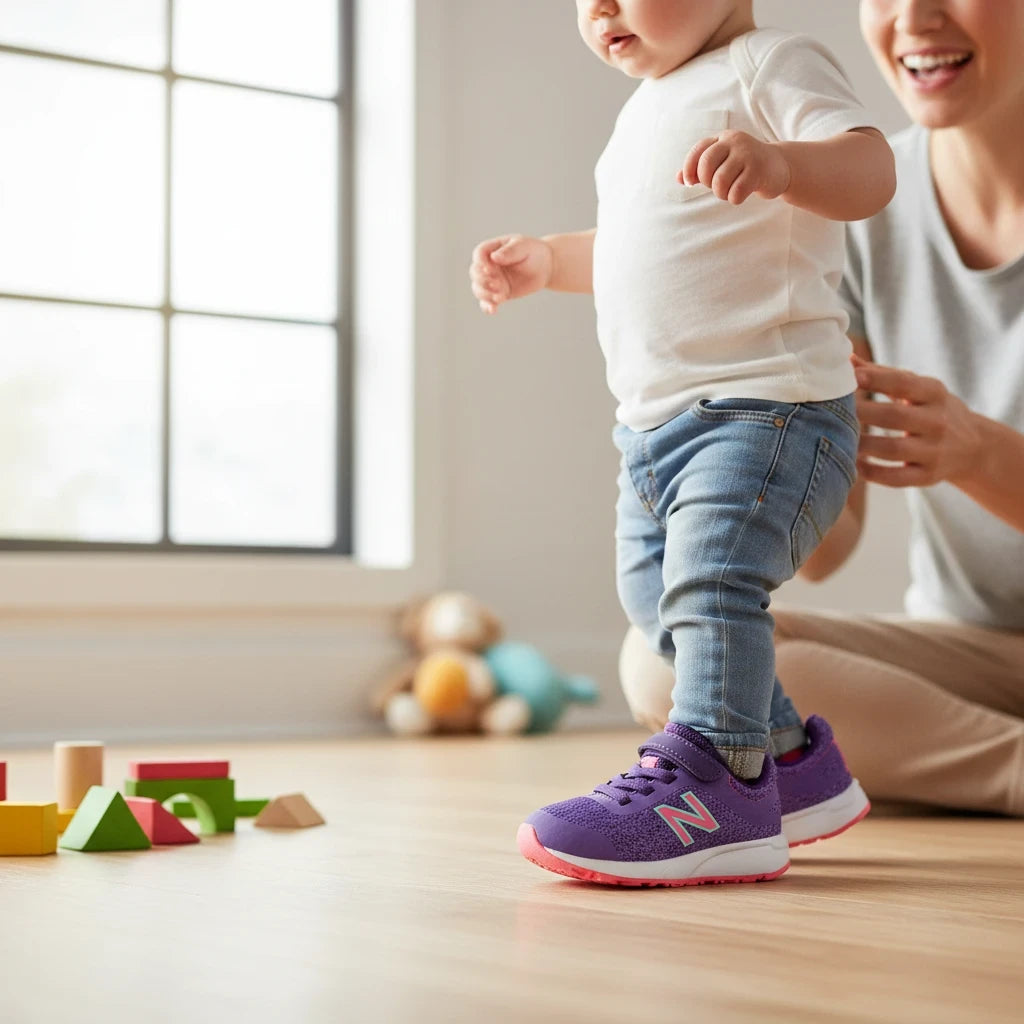 Allen's Bootery New Balance 455 V2 toddler running shoes in violet and guava with bungee laces on a child