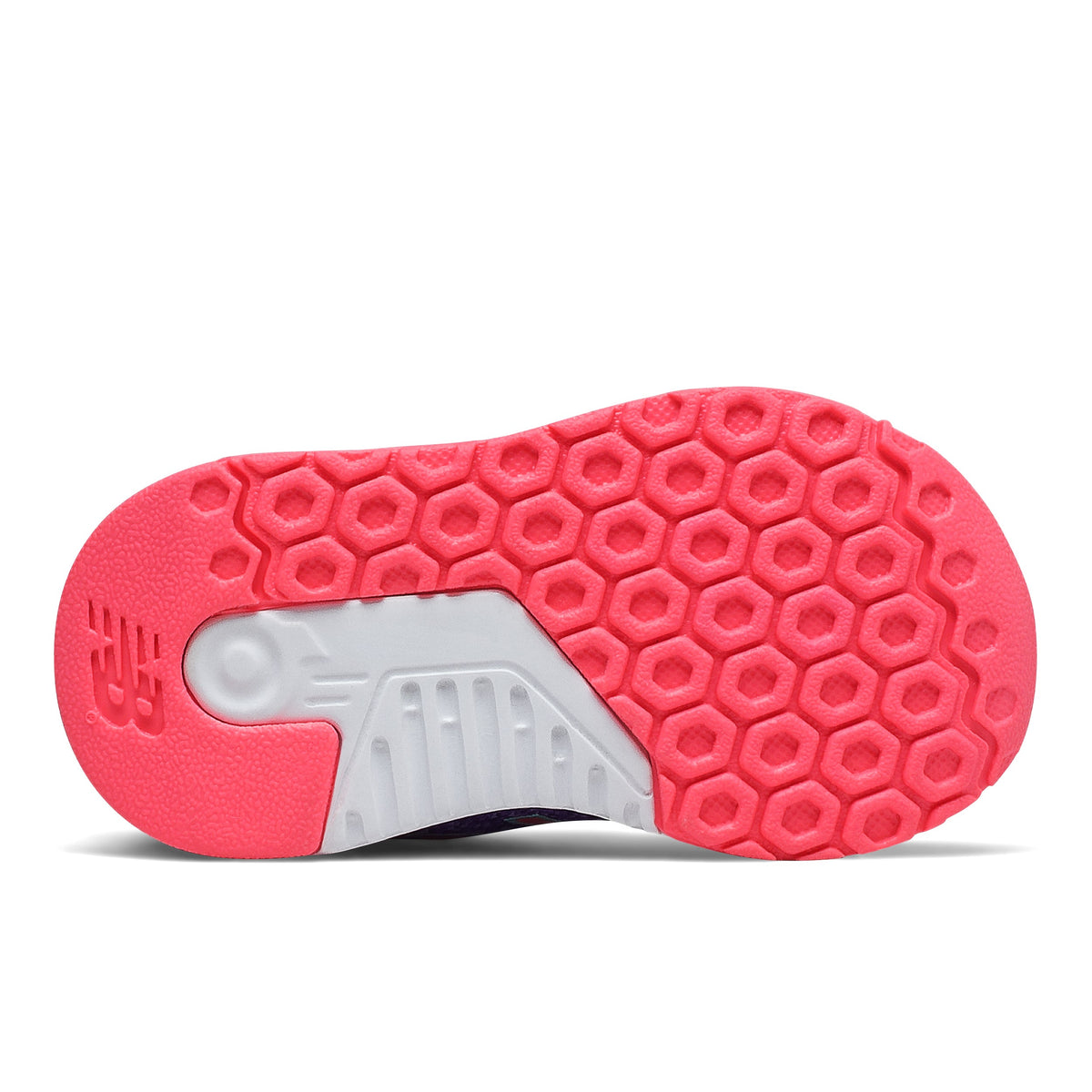 Allen's Bootery New Balance 455 V2 toddler shoe showing the pink and white honeycomb pattern rubber outsole