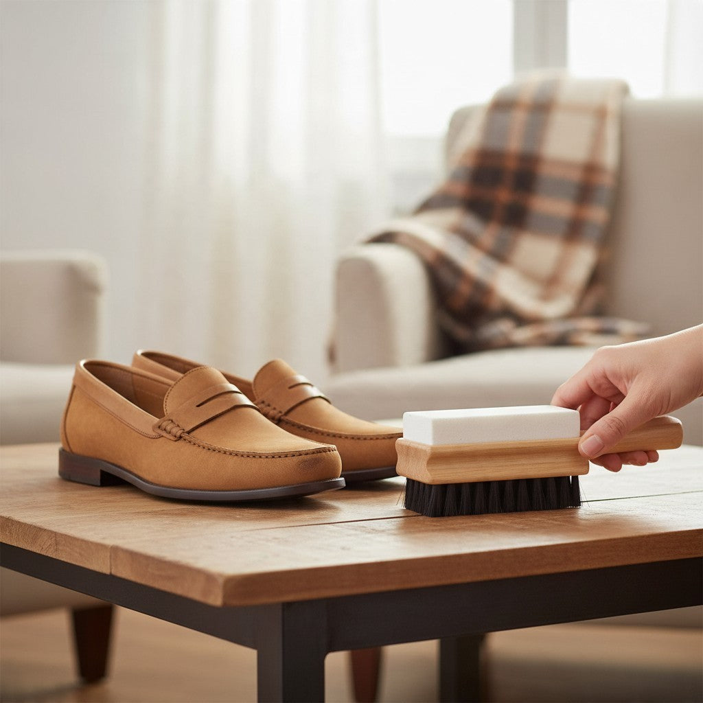 Allen's Bootery SAS nubuck brush and eraser kit cleaning tan suede loafers on a wooden table