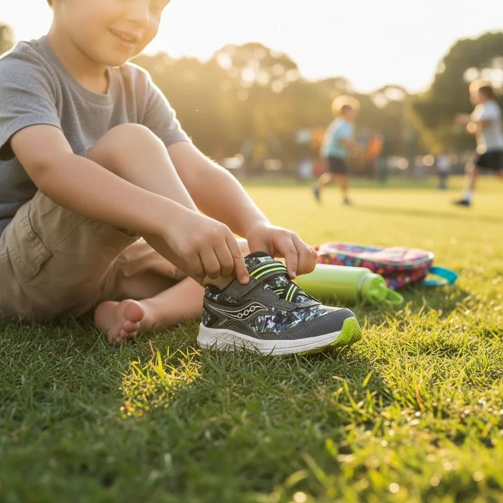 Allen's Bootery olive and camo toddler sneaker with mesh upper and velcro strap worn by a child on a grassy field