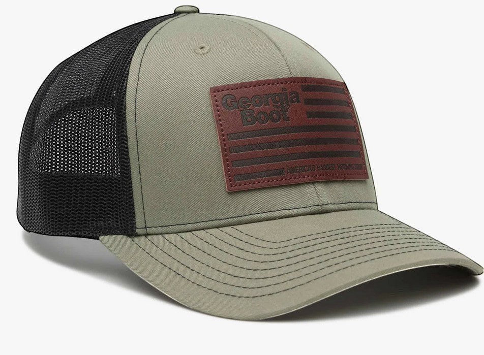 Allen's Bootery olive green and black trucker hat featuring a Georgia Boot leather flag patch on the front.