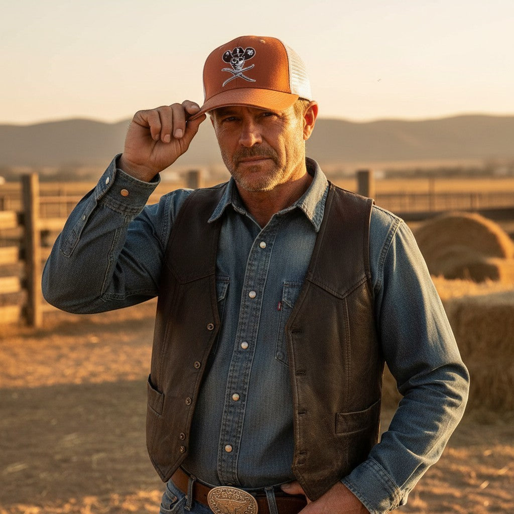 Allen's Bootery orange Twisted X trucker hat with skull graphic worn by a man in a leather vest at sunset