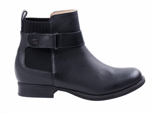 Allen's Bootery Park Avenue black leather ankle boot with knit collar, side strap, and low heel.