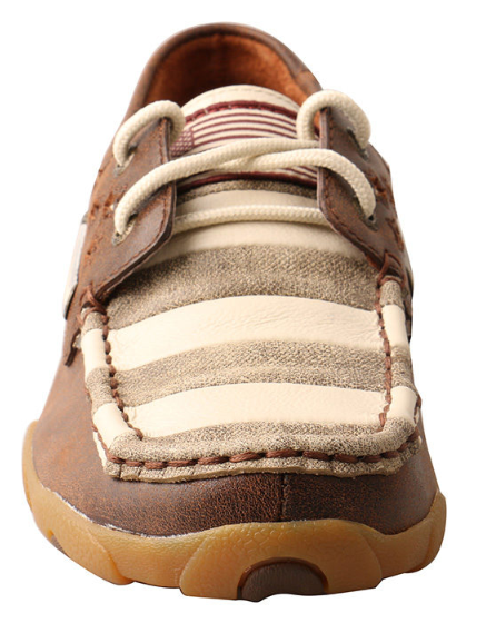 Allen's Bootery Twisted X patriotic striped driving moccasin with brown leather and cream accents