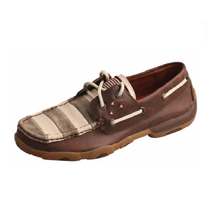 Allen's Bootery patriotic brown leather boat driving moc with striped accent and lace-up detail