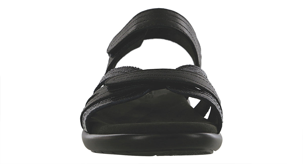 Allen's Bootery Pier black sandal with adjustable straps and a cushioned, shock-absorbing sole for all-day comfort.