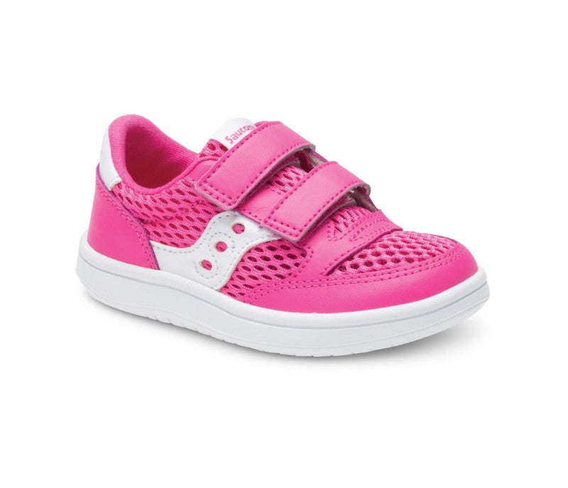 Allen's Bootery pink and white infant Jazz sneakers with leather and mesh uppers and dual hook-and-loop closures.