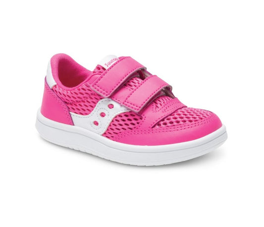 Allen's Bootery pink and white infant Jazz sneakers with leather and mesh uppers and dual hook-and-loop closures.