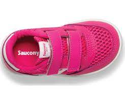 Allen's Bootery Saucony Jazz pink and white infant sneaker with mesh upper and dual hook-and-loop closure