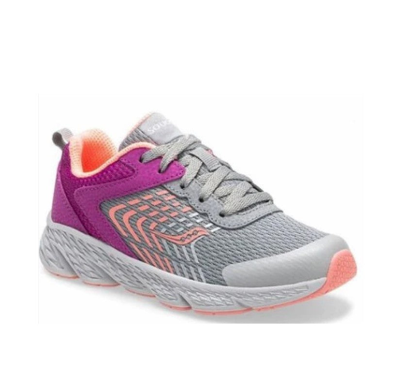 Allen's Bootery Big Kid's Wind sneaker in purple and grey with breathable mesh, leather accents, and lace closure.
