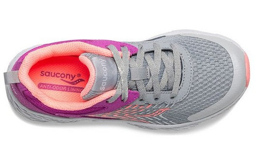 Allen's Bootery Big Kid's Wind purple and grey leather and mesh running shoe with lace closure and anti-stink lining