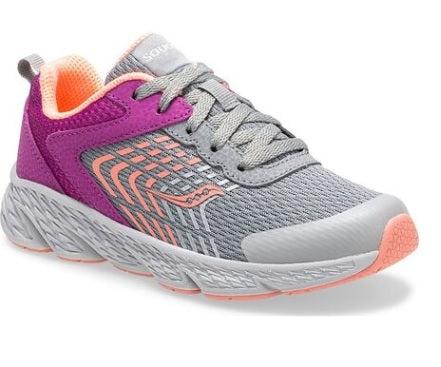 Allen's Bootery Big Kid's Wind sneaker in purple and grey with breathable mesh, leather, and orange accents.